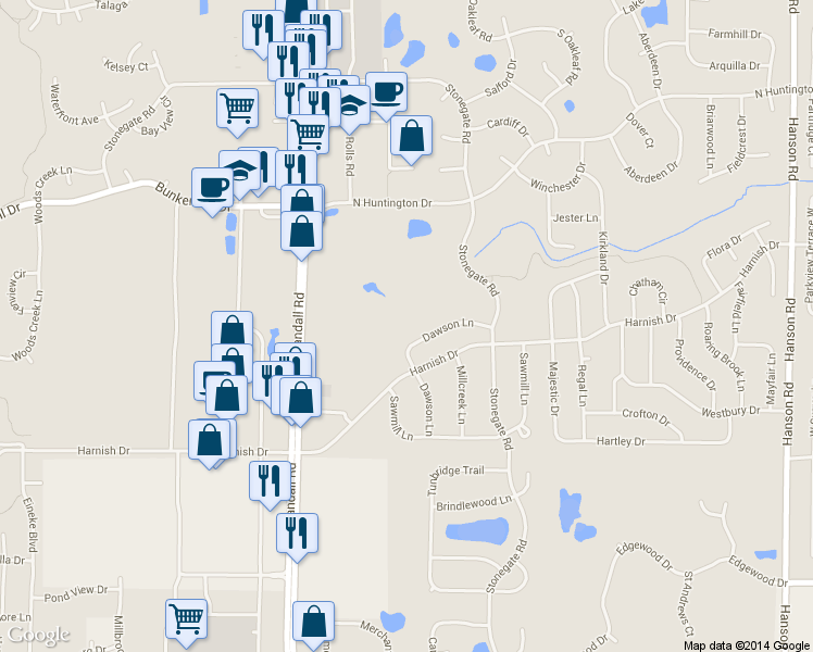 map of restaurants, bars, coffee shops, grocery stores, and more near 2312 Dawson Lane in Algonquin