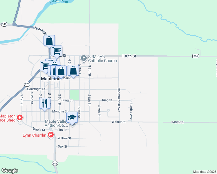map of restaurants, bars, coffee shops, grocery stores, and more near 801-899 Courtright Street in Mapleton