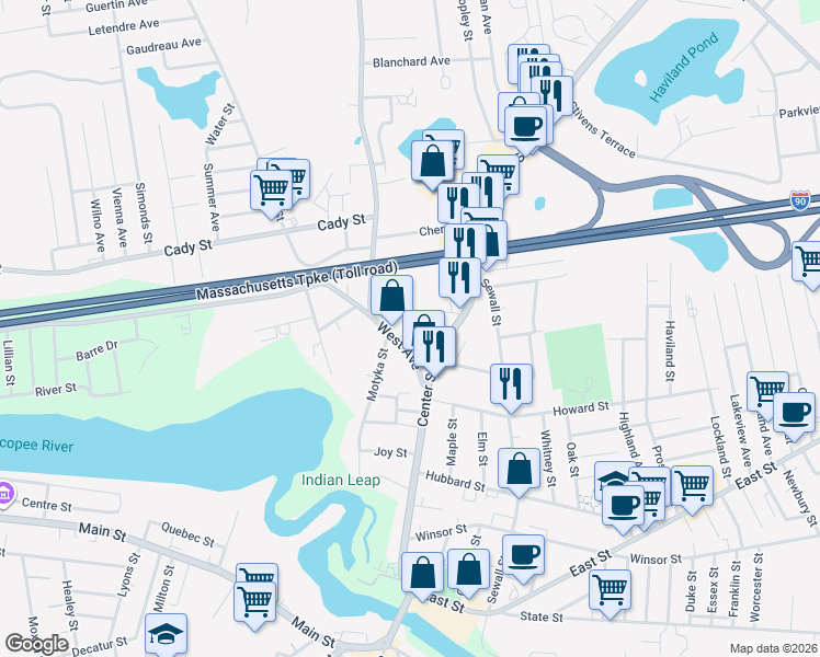 map of restaurants, bars, coffee shops, grocery stores, and more near 17 Arch Street in Ludlow
