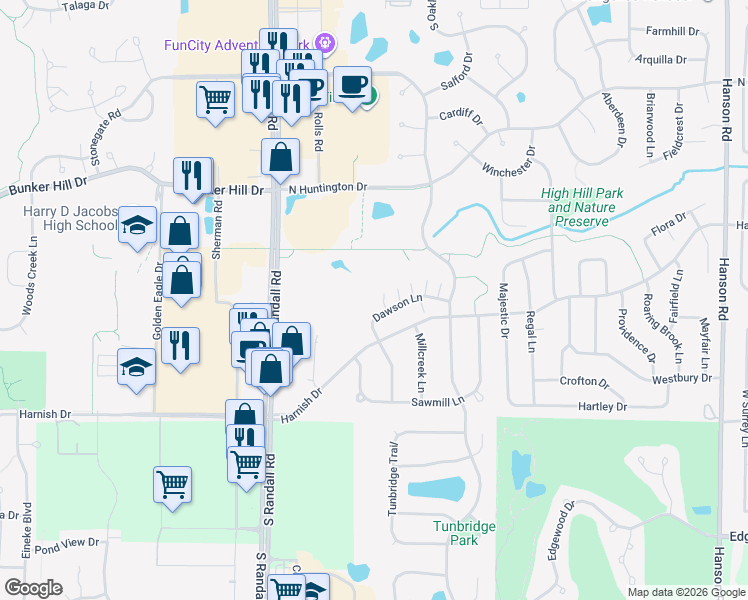 map of restaurants, bars, coffee shops, grocery stores, and more near 2334 Dawson Lane in Algonquin