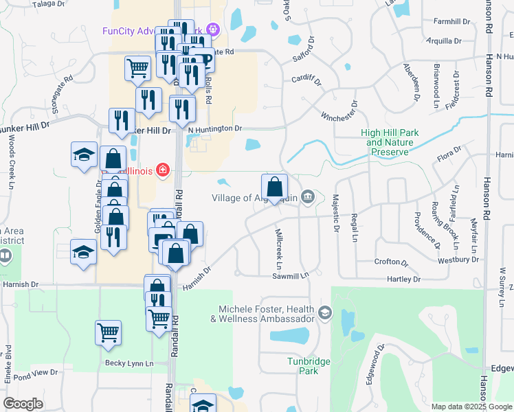 map of restaurants, bars, coffee shops, grocery stores, and more near 2308 Dawson Lane in Algonquin