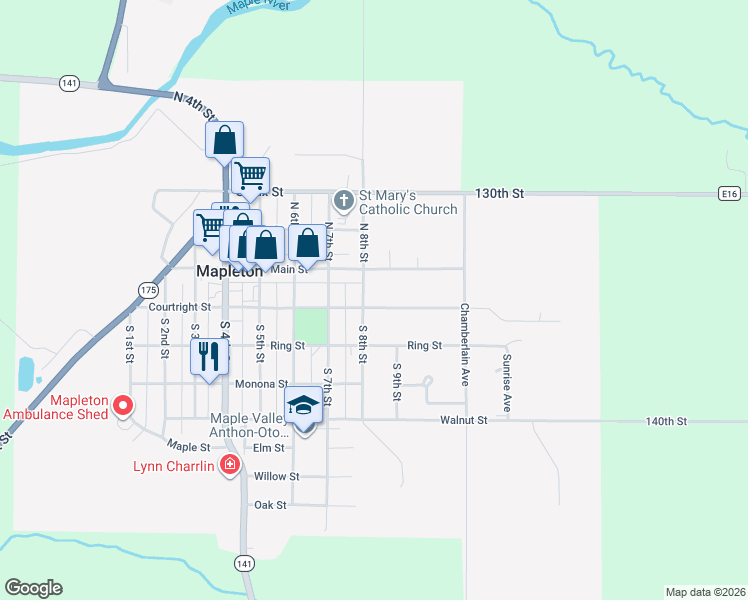 map of restaurants, bars, coffee shops, grocery stores, and more near 801 Courtright Street in Mapleton