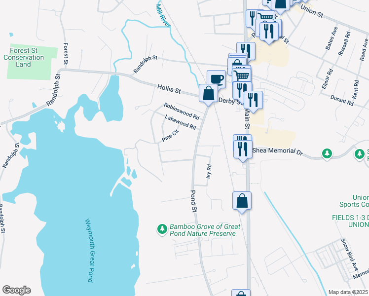 map of restaurants, bars, coffee shops, grocery stores, and more near 44 Partridge Road in Weymouth