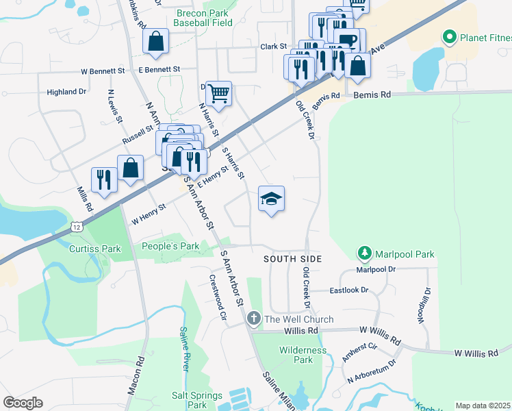 map of restaurants, bars, coffee shops, grocery stores, and more near 343 South Harris Street in Saline