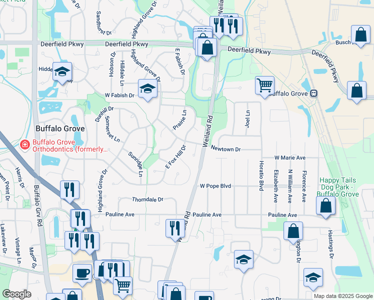 map of restaurants, bars, coffee shops, grocery stores, and more near 281 East Fox Hill Drive in Buffalo Grove