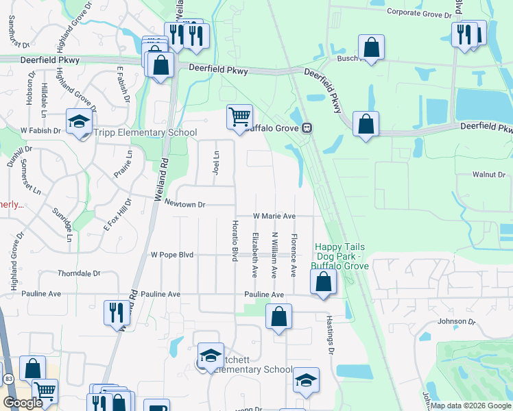 map of restaurants, bars, coffee shops, grocery stores, and more near 20779 Elizabeth Avenue in Lincolnshire