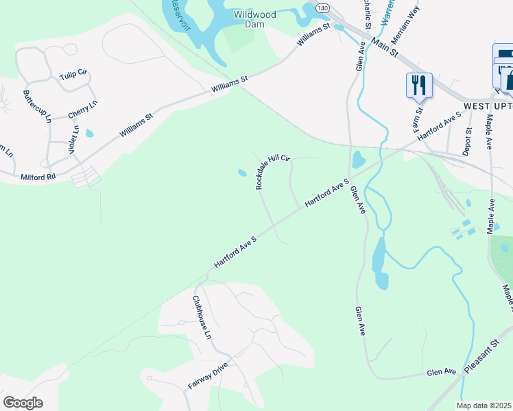 map of restaurants, bars, coffee shops, grocery stores, and more near 23 Rockdale Hill Circle in Upton