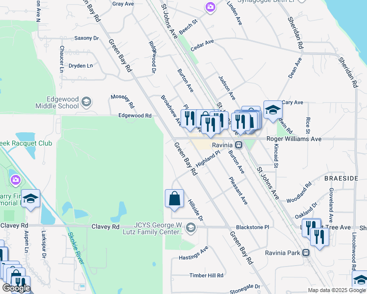 map of restaurants, bars, coffee shops, grocery stores, and more near 683 Green Bay Road in Highland Park