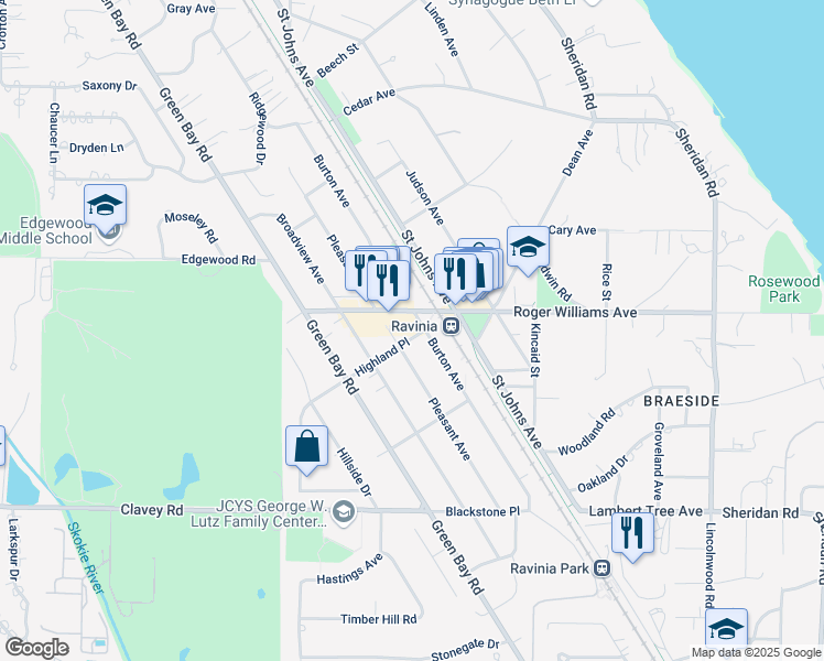 map of restaurants, bars, coffee shops, grocery stores, and more near 692 Burton Avenue in Highland Park