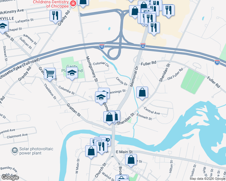 map of restaurants, bars, coffee shops, grocery stores, and more near 44 Jennings Street in Chicopee