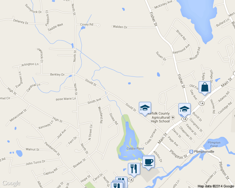 map of restaurants, bars, coffee shops, grocery stores, and more near 184 Gould Street in Walpole