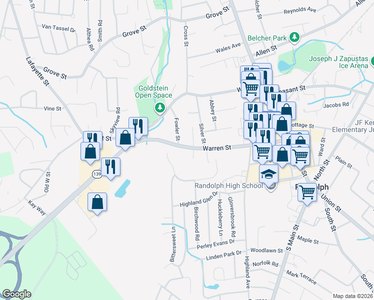 map of restaurants, bars, coffee shops, grocery stores, and more near 190 Warren Street in Randolph
