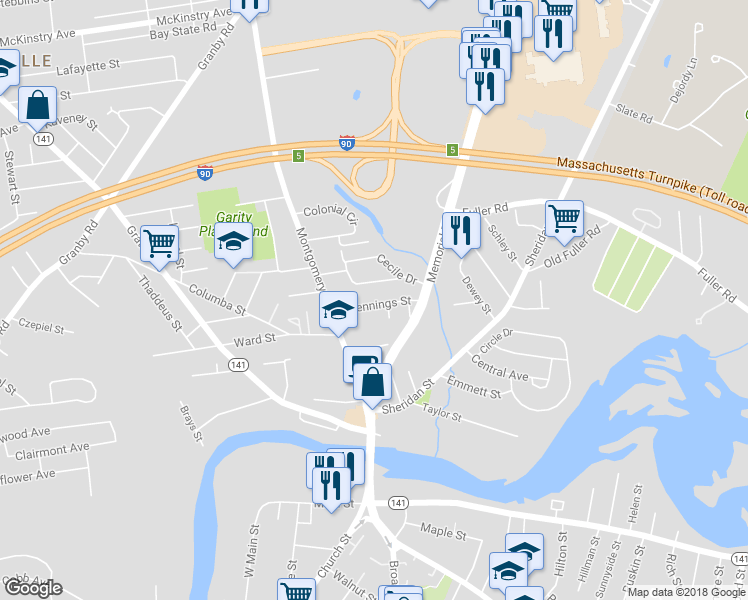 map of restaurants, bars, coffee shops, grocery stores, and more near 48 Jennings Street in Chicopee