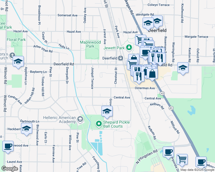 map of restaurants, bars, coffee shops, grocery stores, and more near 948 Osterman Avenue in Deerfield