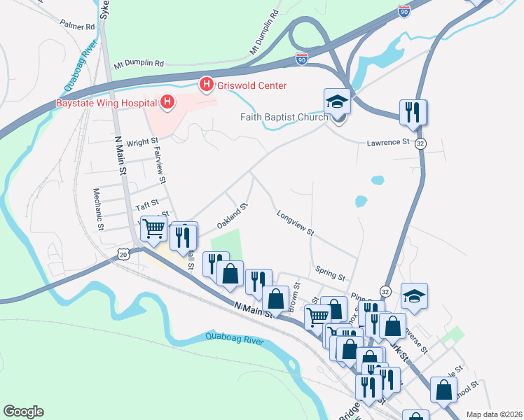 map of restaurants, bars, coffee shops, grocery stores, and more near 101 Longview Street in Palmer