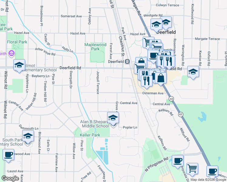 map of restaurants, bars, coffee shops, grocery stores, and more near 948 Osterman Avenue in Deerfield