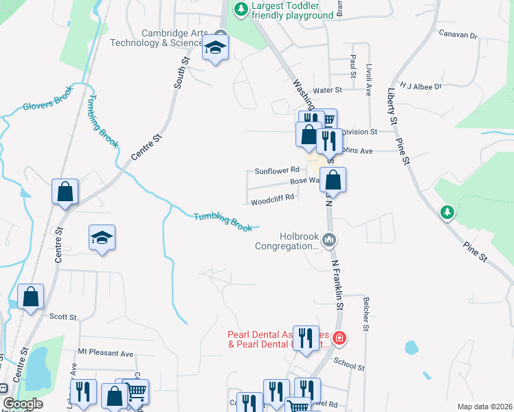map of restaurants, bars, coffee shops, grocery stores, and more near 36 Woodcliff Road in Holbrook