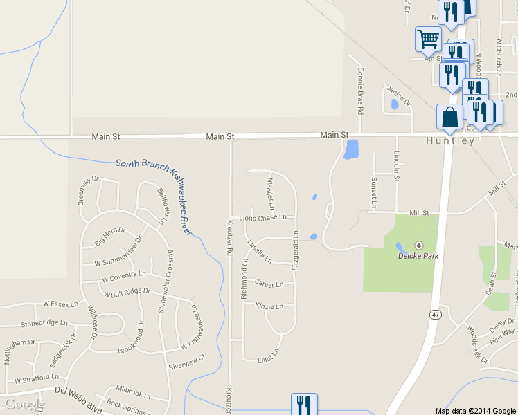 map of restaurants, bars, coffee shops, grocery stores, and more near 12510 Lions Chase Ct in Huntley