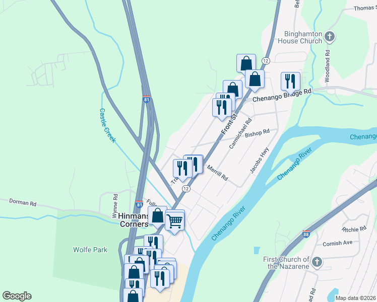 map of restaurants, bars, coffee shops, grocery stores, and more near 29 Trafford Rd in Binghamton