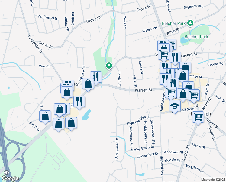 map of restaurants, bars, coffee shops, grocery stores, and more near 218 Warren Street in Randolph