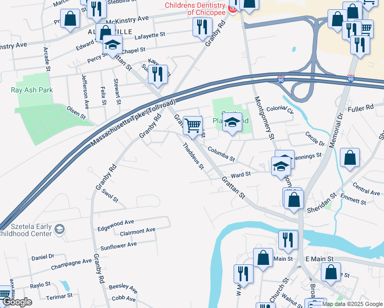 map of restaurants, bars, coffee shops, grocery stores, and more near 74 Thaddeus Street in Chicopee