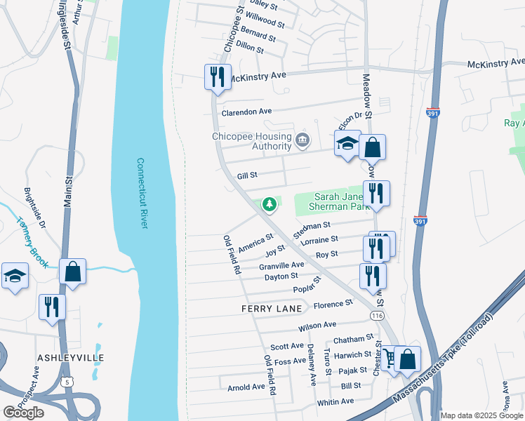 map of restaurants, bars, coffee shops, grocery stores, and more near 267 Chicopee Street in Chicopee