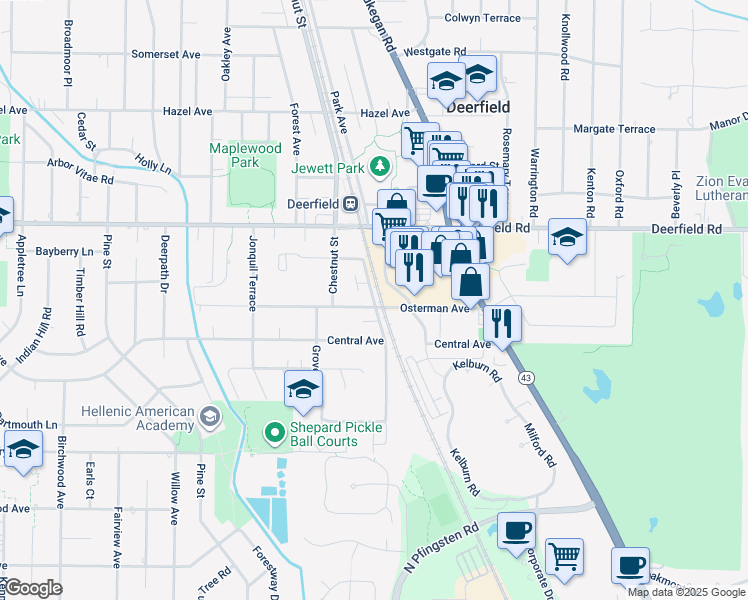 map of restaurants, bars, coffee shops, grocery stores, and more near 650 Elm Street in Deerfield