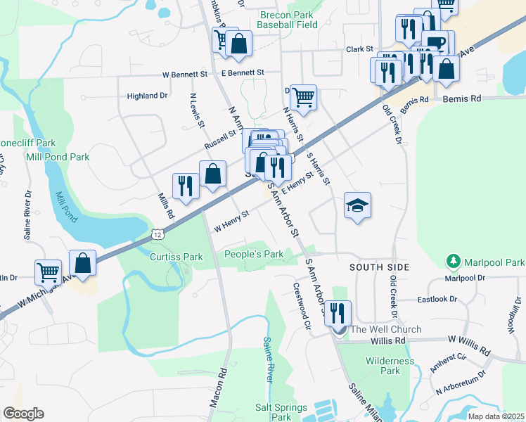 map of restaurants, bars, coffee shops, grocery stores, and more near 103 West Henry Street in Saline