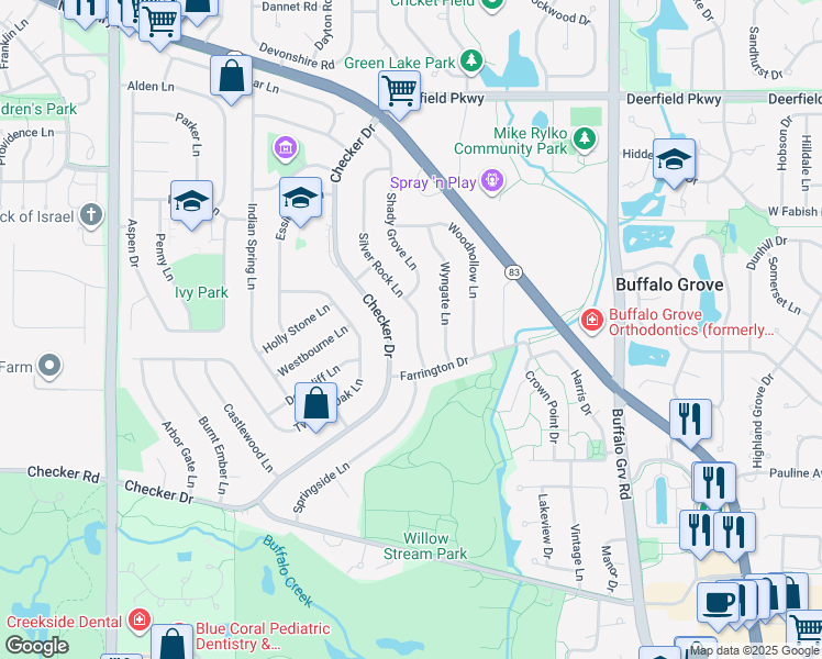 map of restaurants, bars, coffee shops, grocery stores, and more near 621 Silver Rock Lane in Buffalo Grove