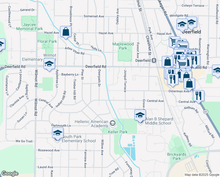 map of restaurants, bars, coffee shops, grocery stores, and more near 1138 Osterman Ave in Deerfield