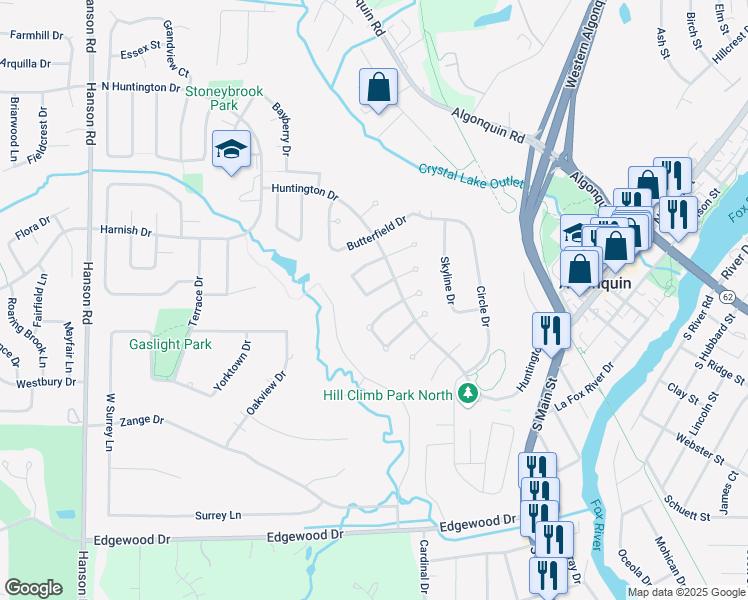 map of restaurants, bars, coffee shops, grocery stores, and more near 720 Mulberry Court in Algonquin