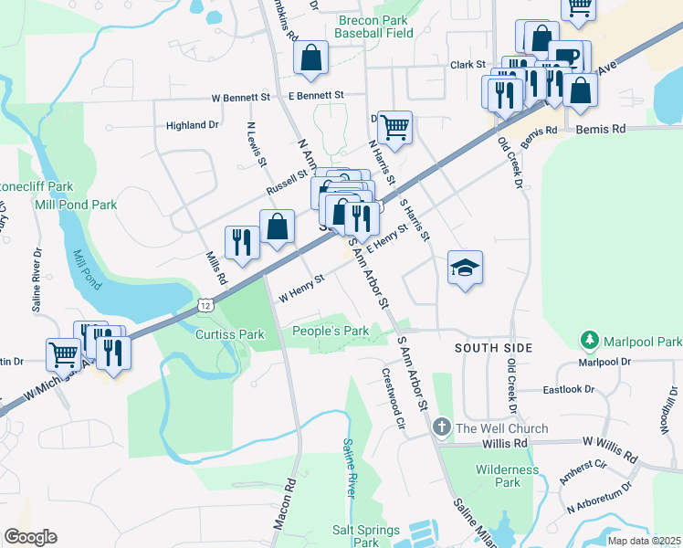 map of restaurants, bars, coffee shops, grocery stores, and more near 103 West Henry Street in Saline
