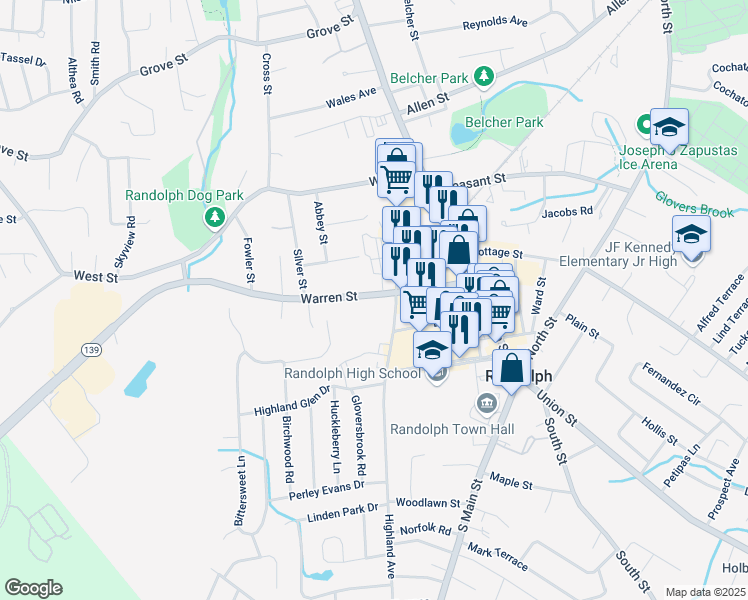 map of restaurants, bars, coffee shops, grocery stores, and more near 94 Warren Street in Randolph