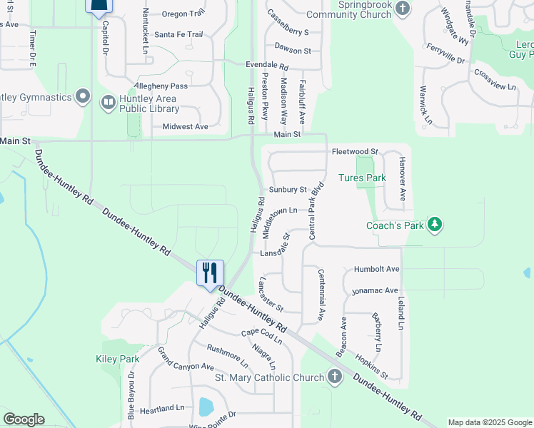 map of restaurants, bars, coffee shops, grocery stores, and more near 11335 Middletown Lane in Huntley