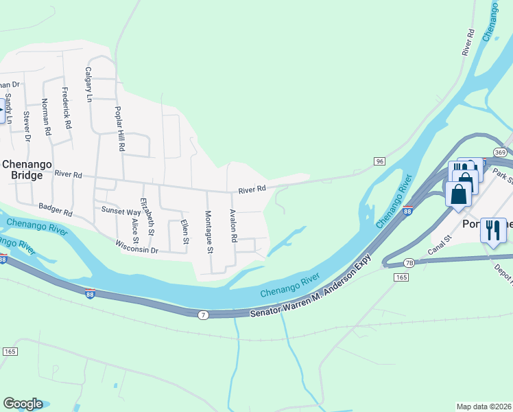 map of restaurants, bars, coffee shops, grocery stores, and more near 409 Riverview Road in Binghamton
