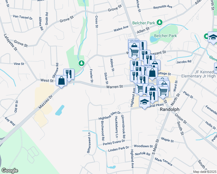 map of restaurants, bars, coffee shops, grocery stores, and more near 160 Warren St in Randolph