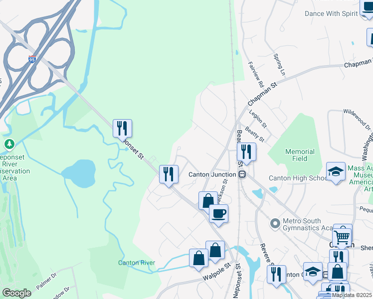 map of restaurants, bars, coffee shops, grocery stores, and more near 33 Apple Blossom Way in Canton