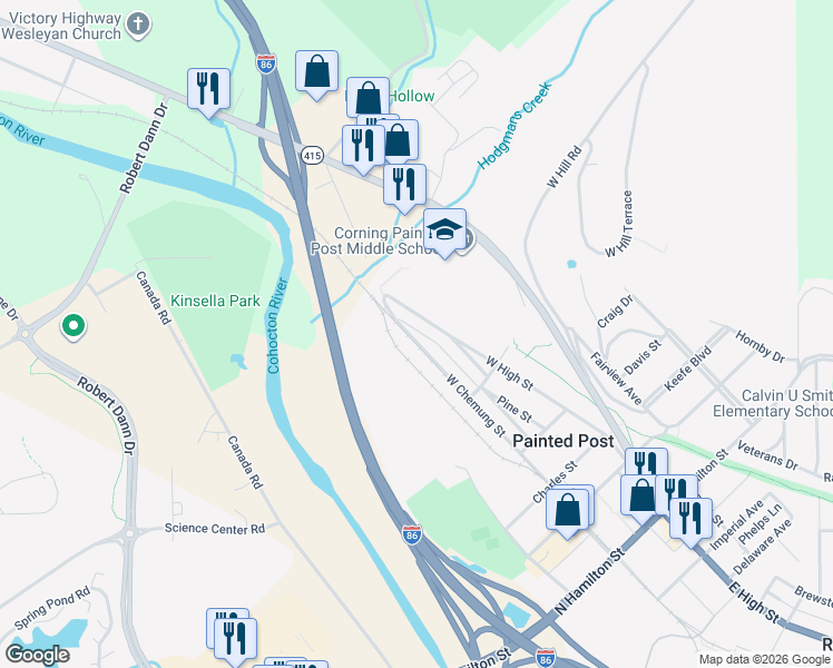 map of restaurants, bars, coffee shops, grocery stores, and more near 570 West Chemung Street in Painted Post