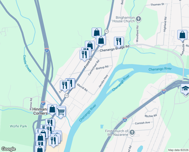 map of restaurants, bars, coffee shops, grocery stores, and more near 125 Kennedy Rd in Binghamton