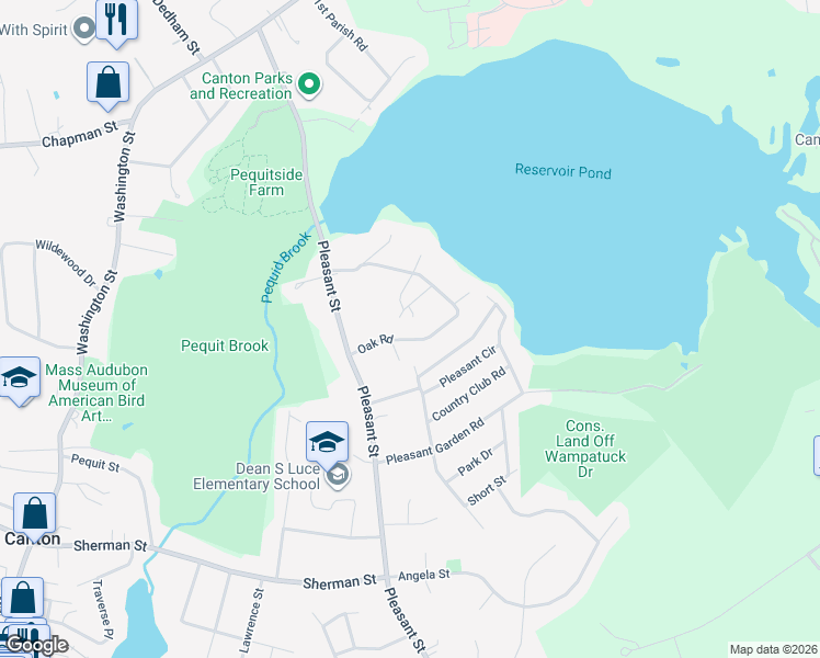 map of restaurants, bars, coffee shops, grocery stores, and more near 71A Oak Road in Canton