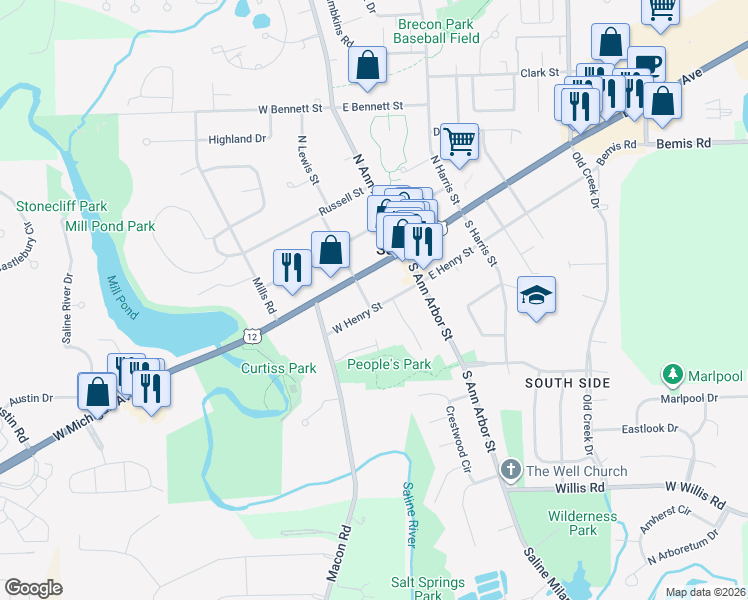 map of restaurants, bars, coffee shops, grocery stores, and more near 110 W Henry St in Saline