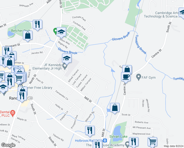 map of restaurants, bars, coffee shops, grocery stores, and more near 17 Kingcrest Terrace in Randolph