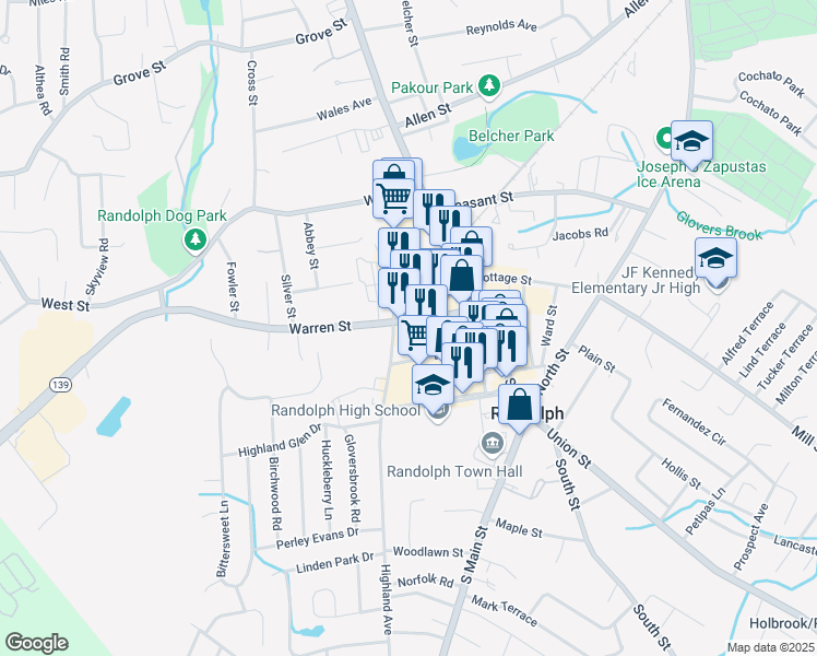 map of restaurants, bars, coffee shops, grocery stores, and more near 8 Highland Avenue in Randolph
