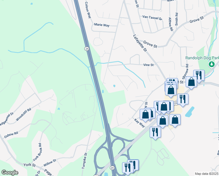 map of restaurants, bars, coffee shops, grocery stores, and more near 1 Meadowbrook Way in Canton