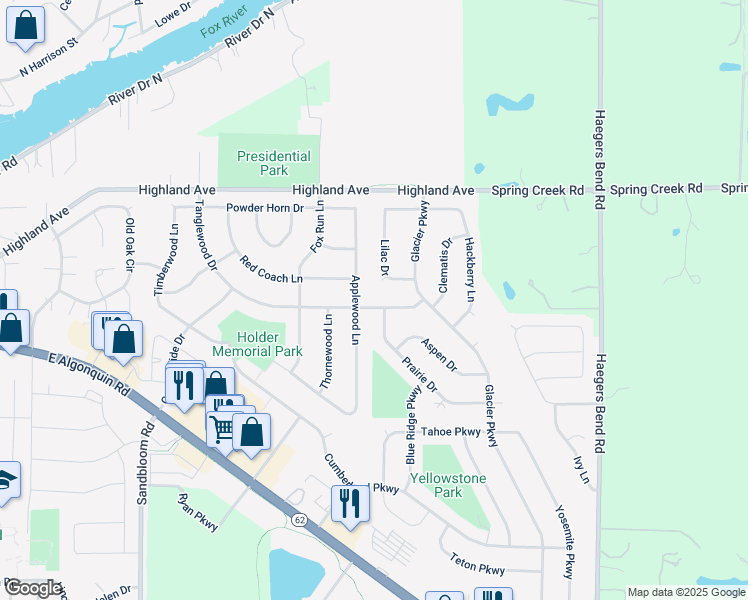 map of restaurants, bars, coffee shops, grocery stores, and more near 1900 Tanglewood Drive in Algonquin