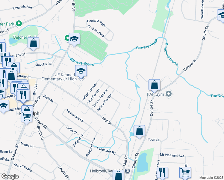 map of restaurants, bars, coffee shops, grocery stores, and more near 17 Kingcrest Terrace in Randolph