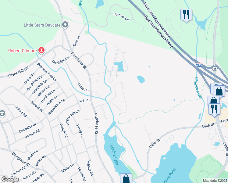 map of restaurants, bars, coffee shops, grocery stores, and more near 23 Shadowbrook Lane in Milford