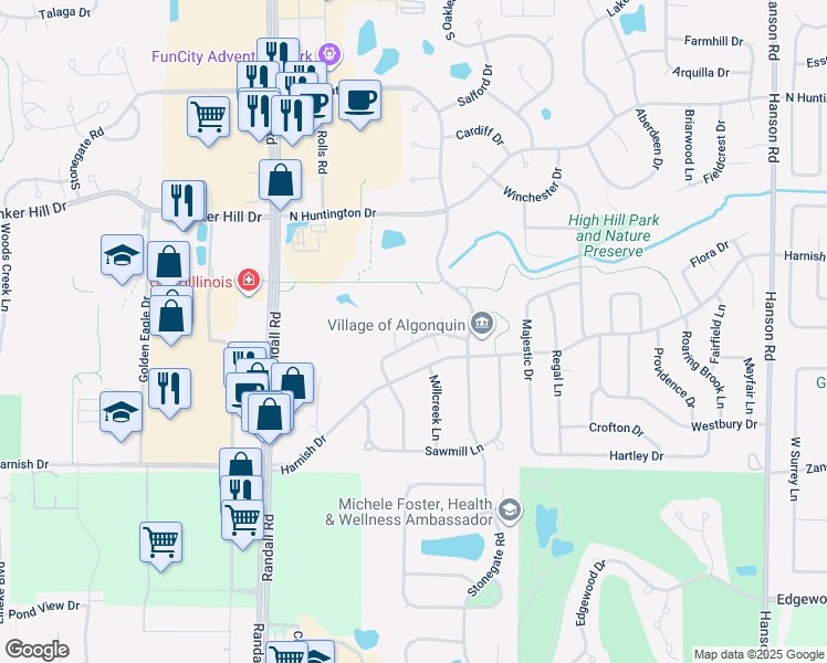 map of restaurants, bars, coffee shops, grocery stores, and more near 2312 Dawson Lane in Algonquin