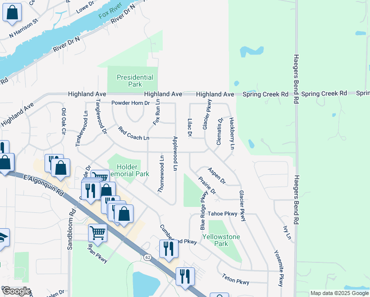 map of restaurants, bars, coffee shops, grocery stores, and more near 1900 Tanglewood Drive in Algonquin