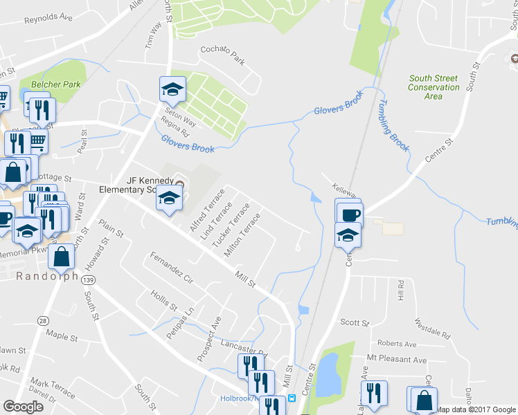 map of restaurants, bars, coffee shops, grocery stores, and more near 17 Kingcrest Terrace in Randolph